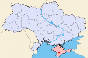 Simferopol on a map of Ukraine (blue) in Crimea (pink). (Wikipedia photo)