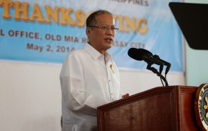 President Benigno S. Aquino III delivers his speech during the Civil Aviation Authority of the Philippines (CAAP) Thanksgiving Celebration 2014 at the CAAP Covered Court, CAAP Central Office in Old MIA Road, Pasay City on Friday (May 02). (Photo by Lauro Montellano Jr. / Malacañang Photo Bureau)
