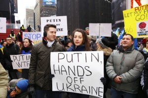 EuroMaidan, a Ukrainian-based pro-western movement, sponsored a rally & march to the Russian consulate to protest Moscow's intervention in the Ukraine. Times Square. a katz / Shutterstock