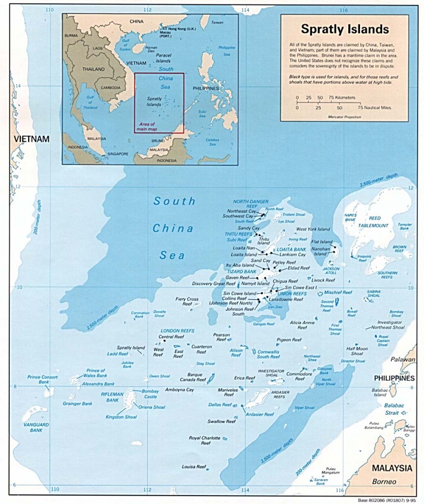 Several reefs in the Spratly Islands were those being disputed by the Philippines, China and other claimants Brunei, Malaysia, Taiwan and Vietnam. (Wikipedia Photo)