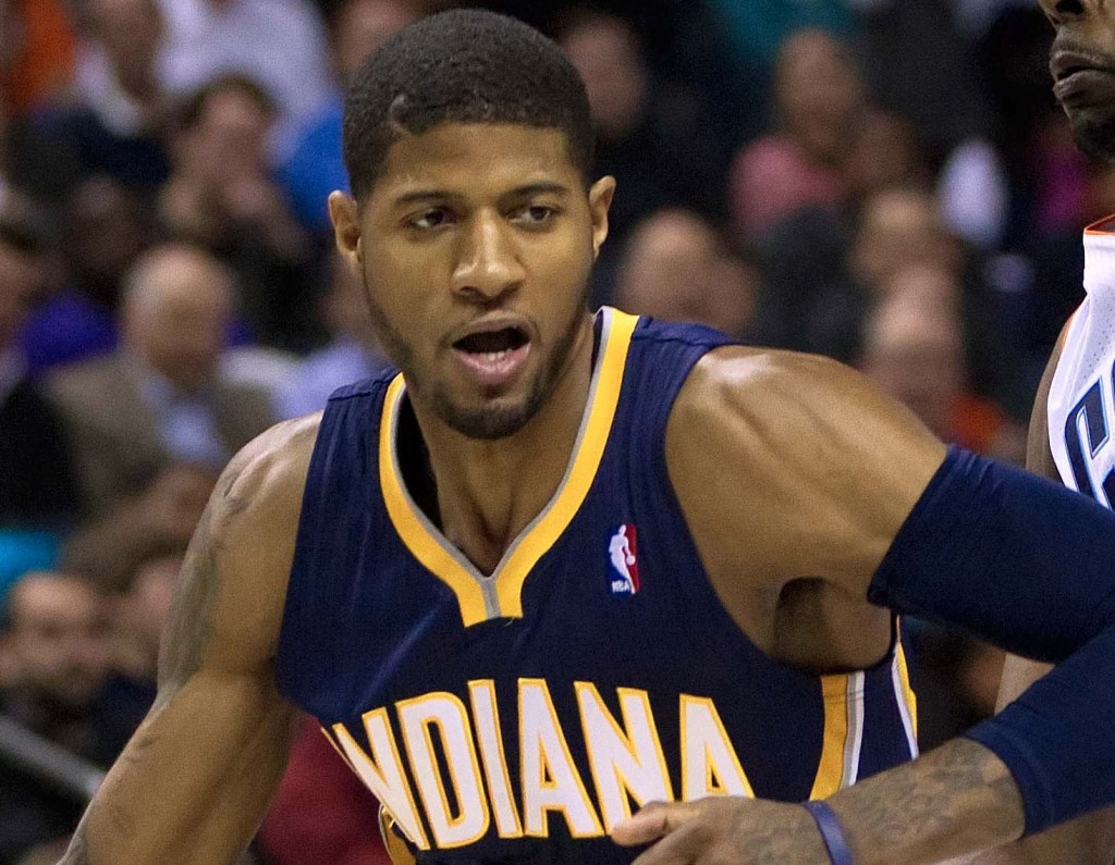 Mar 5, 2014; Charlotte, NC, USA; Indiana Pacers small forward Paul George (24) drives to the basket while being defended by Charlotte Bobcats power forward Anthony Tolliver (43) during the second half at Time Warner Cable Arena. Bobcats won 109-87. Mandatory Credit: Joshua S. Kelly-USA TODAY Sports (Wikipedia photo)