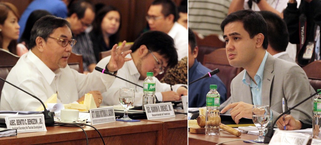 Department of Tourism (DOT) Secretary Ramon R. Jimenez (left) explains the proposed 2015 DOT Budget before the House Appropriations Committee at the House of Representatives in Batasan Hills, Quezon City on Wednesday (Aug. 14, 2014). Also in photo is Committee Vice Chairman Dakila Carlo Cua (right) of the Lone District of Quirino. (PNA photos by Jess M. Escaros Jr.)