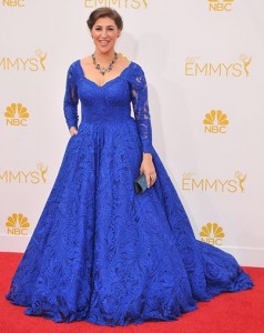Emmy nominee MAYIM BIALIK ("Outstanding Supporting Actress in a Comedy Series" for The Big Bang Theory) at the 2014 EMMY AWARDS in her Oliver Tolentino royal blue embroidered ball gown. (Photo credit: Sthanlee B. Mirador, from Oliver Tolentino's Facebook Page)