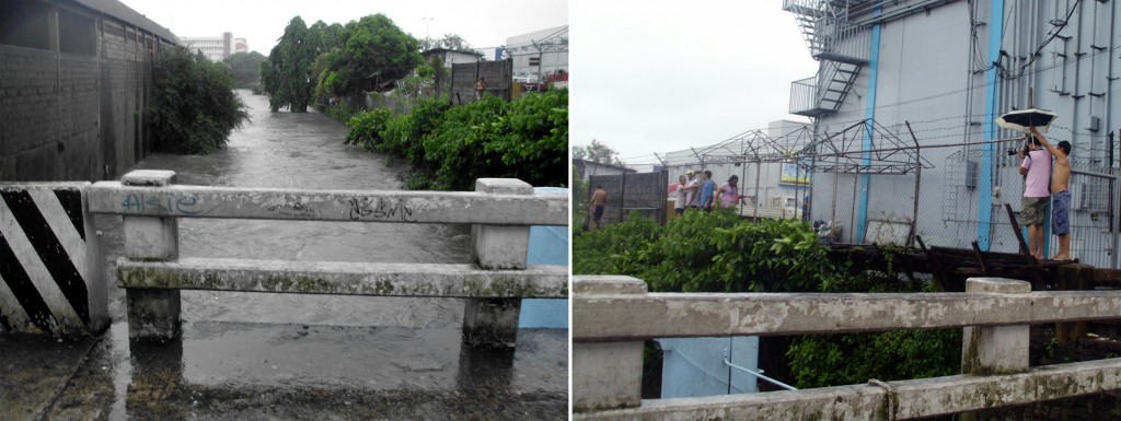 Left photo shows the rising water of the Culiat River near the Quezon City General Hospital due to heavy rains generated by tropical storm "Mario" on Friday (Sept. 19, 2014). Shown in right photo are Philippines News Agency photographer Ben Briones and driver Rolly Pua (holding an umbrella) to enable the former to take photo amid the rains of the swollen river and the people walking carefully on a makeshift wooden pathway erected along one side of the river. (PNA photos by Angelica A. Abuan)
