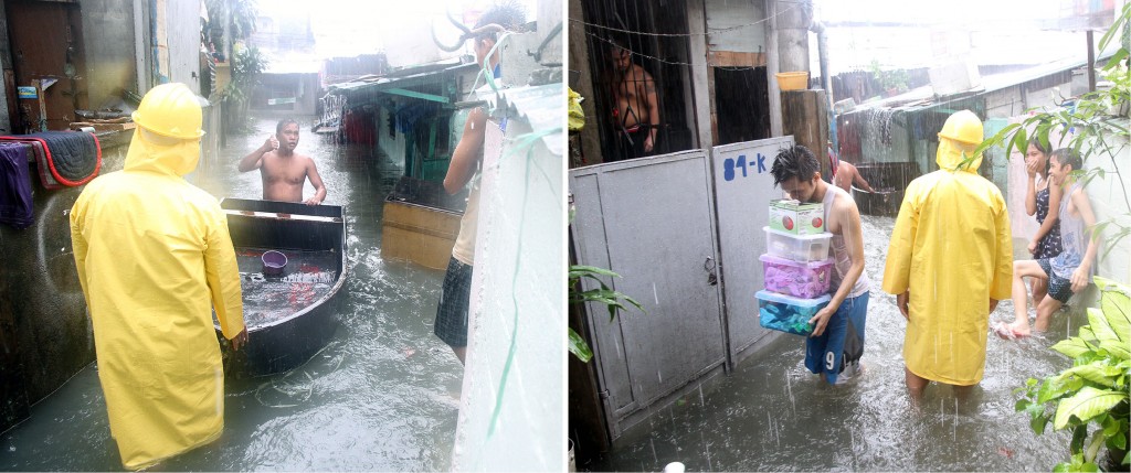 Volunteer rescuers from Barangay Kristong Hari in Quezon City convince their neighbors to move to safer grounds after their houses in low-lying areas of Dona Juana St. near the Roxas District creek were submerged partly in floodwater due to heavy rains spawned by tropical storm "Mario" on Friday (Sept. 19, 2014). Some 1,000 families were transferred to safe evacuation sites. (PNA photos by Ben Briones)