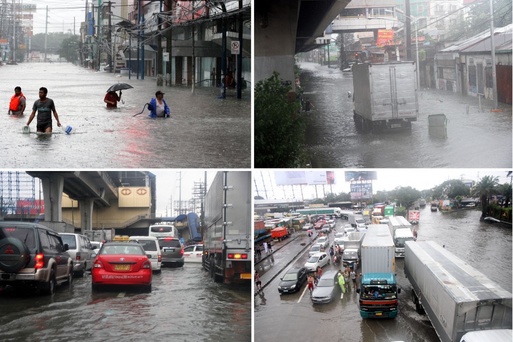 Heavy rains brought about by the combined effects of the southwest monsoon and tropical storm "Mario" caused flooding in many streets in Metro Manila on Friday (Sept. 19, 2014) as shown in this series of photos (clockwise from top left): E. Rodriquez Ave. in front of Delos Santos Hospital in Quezon City; R. Rapa St. in Rizal Ave. Extension, Caloocan City; EDSA Balintawak near the Light Rail Transit (LRT) Station; and A. Bonifacio Ave. leading to the North Luzon Expressway. (PNA photos by Ben Briones)