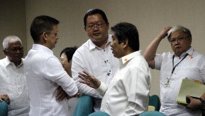 Presidential Communication Operations Office (PCOO) Secretary Herminio Coloma (2nd right) talks with Senator Francis Escudero, chairperson of the Senate committee on finance, after the deliberation of the 2015 proposed budget of the Presidential Communication Operations Office (PCOO) and attached agencies on Wednesday (September 3, 2014) at the Senate building in Pasay City. Also in photo (from left) are IBC 13 president and CEO Manolito Cruz, PCOO Undersecretary Jess Anthony Yu and Director Tito Cruz of the Bureau of Broadcast Services. (PNA photo by Avito C.Dalan)