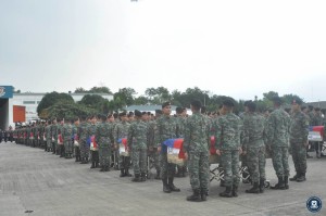 On the morning of January 29, 2015, the remains of the members of the PNP Special Action Force slain in Mamasapano arrived at the Villamor Air Base. The fallen PNP SAF were accorded arrival honors, led by the Secretary of the Interior and Local Government Mar Roxas, PNP Deputy Dir. Gen. Leonardo Espina, and AFP Chief of Staff Gen. Gregorio Catapang. (Presidential Communications Development and Strategic Planning Office)