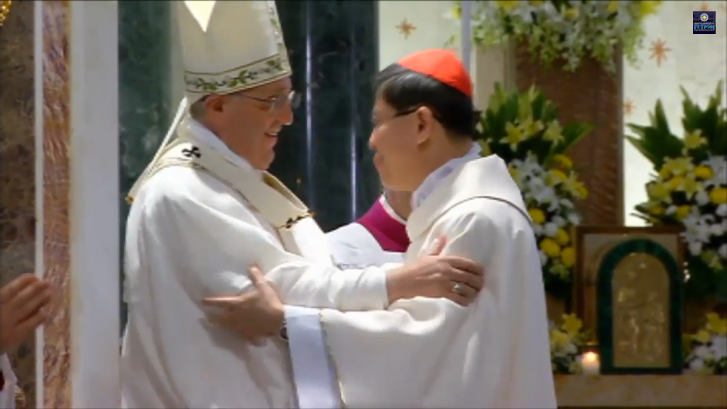 Pope Francis hugs Cardinal Luis Antonio Tagle after Tagle's welcome message for the Pope at the Manila Cathedral, January 16, Friday.