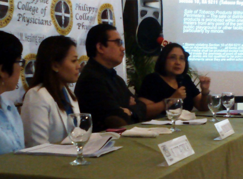 Dr. Anthony Leachon (3rd from left), Philippine College of Physicians (PCP) president, tackles the issue of stores violating Section 10 of Republic Act No. 9211 or the Tobacco Regulation Act of 2003 on the sale of tobacco products within 100 meters from any point perimeter of the schools, public playgrounds or other facilities frequented particularly by minors during a health forum on Tuesday (March 17, 2015) at Annabel's Restaurant in Quezon City. Also in photo (from left) are Ms. Luz Tagunicar, Department of Health (DOH) Supervising Health Program Officer; Dr. Angela Pauline P. Calimag-Loyola of the University of Santo Tomas (UST); and Dr. Maricar Limpin, Executive Director of the Framework Convention on Tobacco Control Alliance Philippines. (PNA photos by Johnny Guevarra)