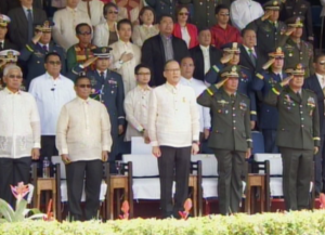 President Benigno Simeon Aquino III (center) given a 21 gun salute during the commencement ceremonies of the Philippine Military Academy Sinag-lahi Class of 2015 (Photo from RTV Malacanang)
