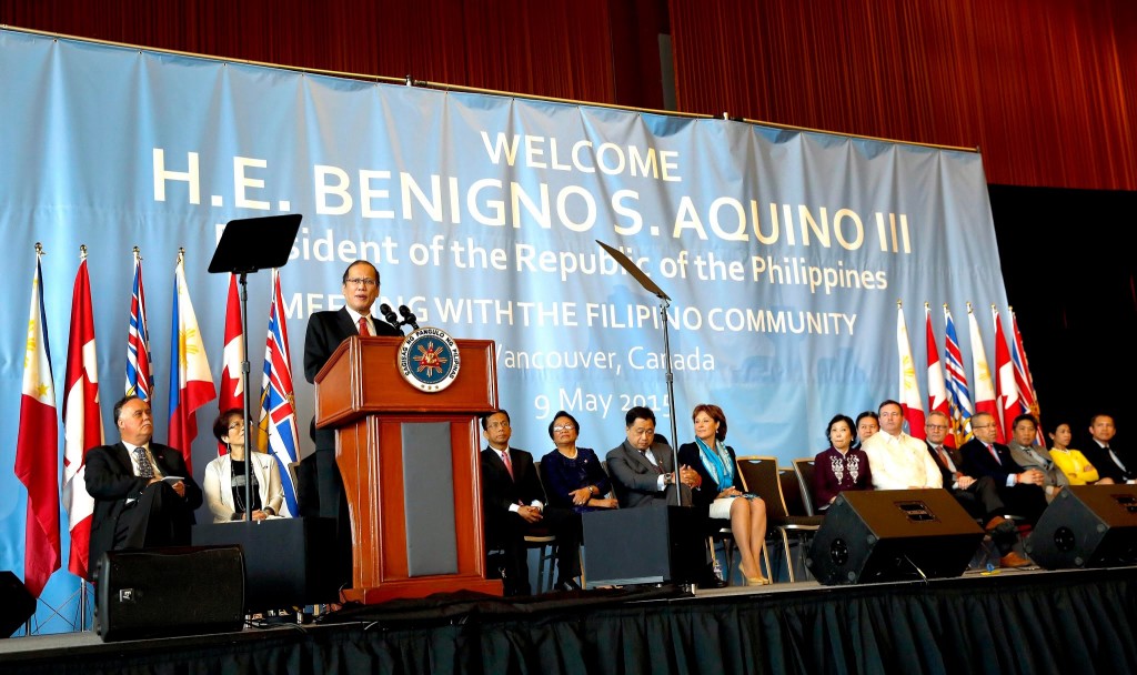 (VANCOUVER, Canada) President Benigno S. Aquino III delivers his speech during the Meeting with the Filipino Community at the West English Bay Ballroom C&D of the Vancouver Convention Center for his State Visit to Canada. (Photo by:Gil Nartea / Malacañang Photo Bureau)