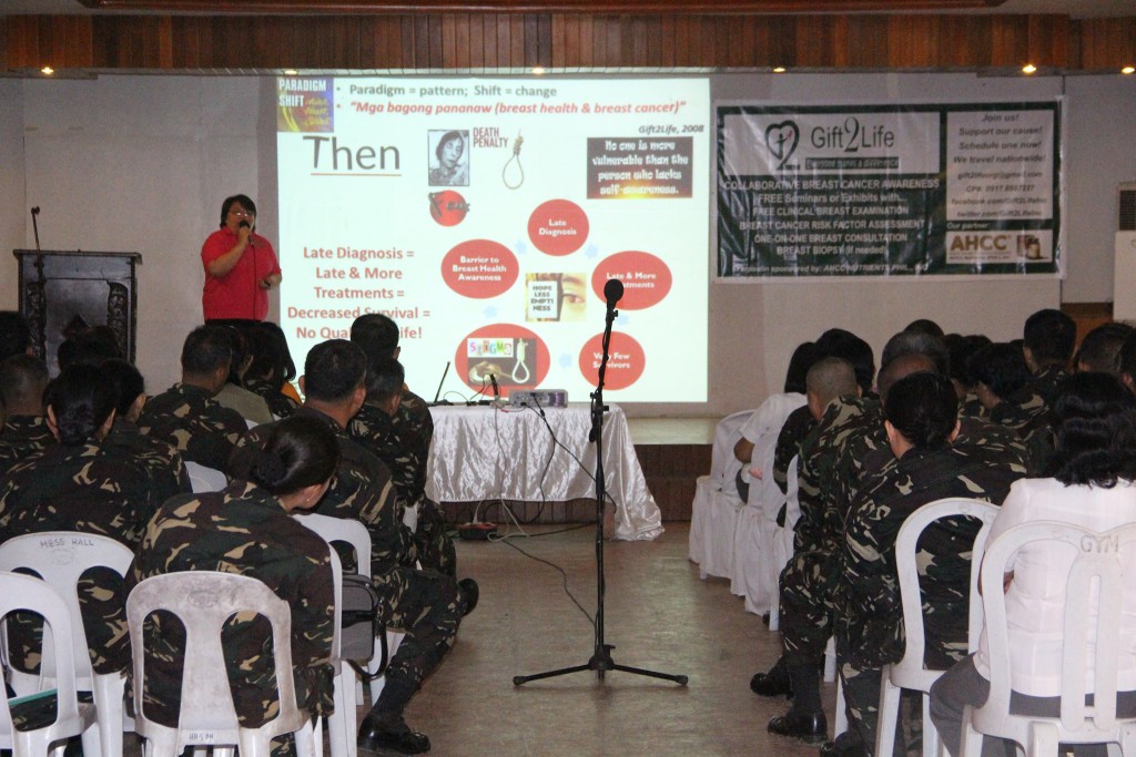 Dr Cristina L Santos M.D., the resource speaker from Gift2Life Inc., shares her knowledge about the signs and symptoms of cancer diseases during the Breast Cancer Awareness Seminar at 4ID Clubhouse, Camp Evangelista, Cagayan de Oro City (Photo courtesy of DWDD) 