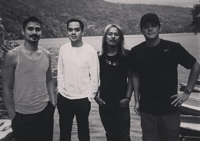 L-R: Piolo Pascual, John Lloyd Cruz, Lav Diaz, and Paul Soriano on set for "Hele sa Hiwagang Hapis" (@paulsoriano1017 / Instagram)