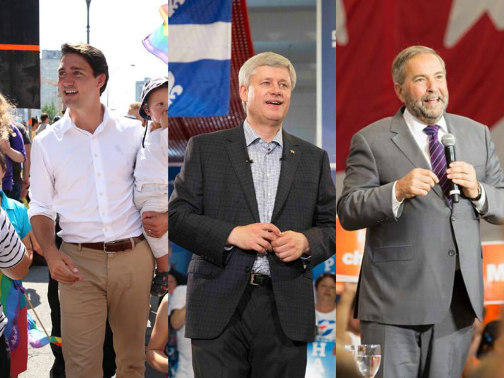 Liberal leader Justin Trudeau, Prime Minister Stephen Harper, and NDP leader Tom Mulcair (Facebook photos)
