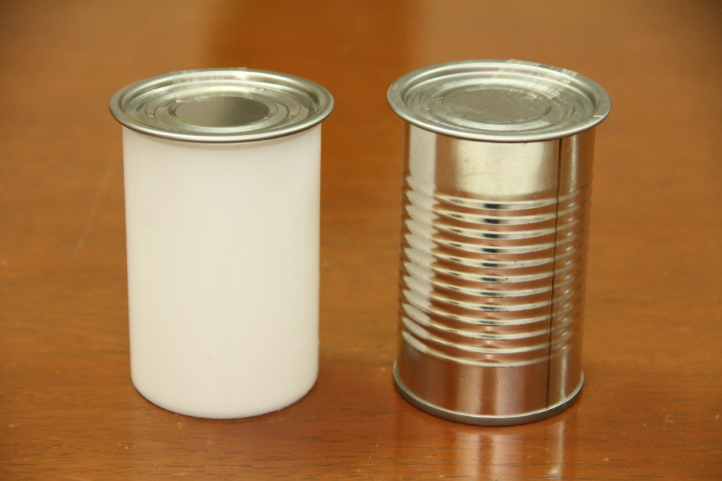 The improved food container (left) is a more affordable alternative to tin cans(right).  This type of container is ideal for sardines, corned beef, tuna, and evaporated milk.