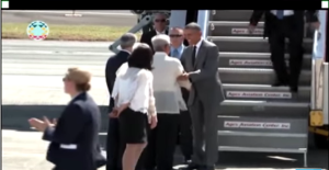 US President Barack Obama arrives in the Philippines and being welcomed by US Ambassador Philip Goldberg, Philippine Ambassador to the US Jose Cuisia and Secretary of Department of National Defense Voltaire Gazmin (Screenshot from YouTube)