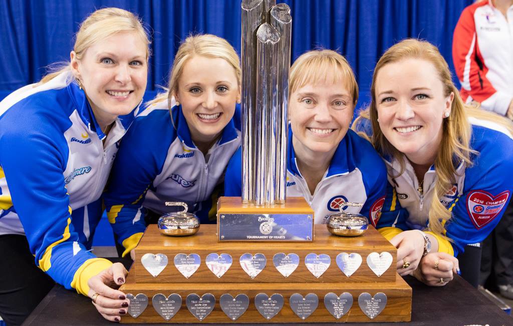Team Canada: (L-R) front, Laine Peters, Jocelyn Peterman, Amy Nixon and Chelsea Carey; back, coach Charley Thomas, alternate Susan O’Connor. (Photo from Curling Canada's official Facebook page)
