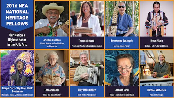 Clockwise from top left: Artemio Posadas (Photo by Maria Virginia Prieto Solis), Theresa Secord (photo by Steve Wewerka), Bounxeung Synanonh (photo by A. Kitchener/ACTA), Bryan Akipa (photo by Mike Wolforth Rapid City, South Dakota), Michael Vlahovich (photo by Edwin Remsberg, courtesy of Maryland State Arts Council), Clarissa Rizal (photo courtesy of the artist), Billy McComiskey (photo by Edwin Remsberg, courtesy of Maryland State Arts Council), Leona Waddell (photo by Clinton Lewis/WKU), and Joseph Pierre "Big Chief Monk" Boudreaux (photo by Robert N. Brown, Ph. D.) (Collage courtesy of  National Endowment for the Arts)