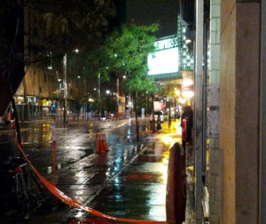 Caution tape and policemen on Ste. Catherine Street in Montreal after the 4 September 2012 shooting during prime minister Pauline Marois' victory speech at Metropolis on 2012 Quebec election night. Photo taken in front of Metropolis. (Wikipedia photo)