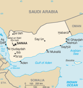 Map of Yemen, Saudi Arabia being north of it (Wikimedia Commons, Public Domain)