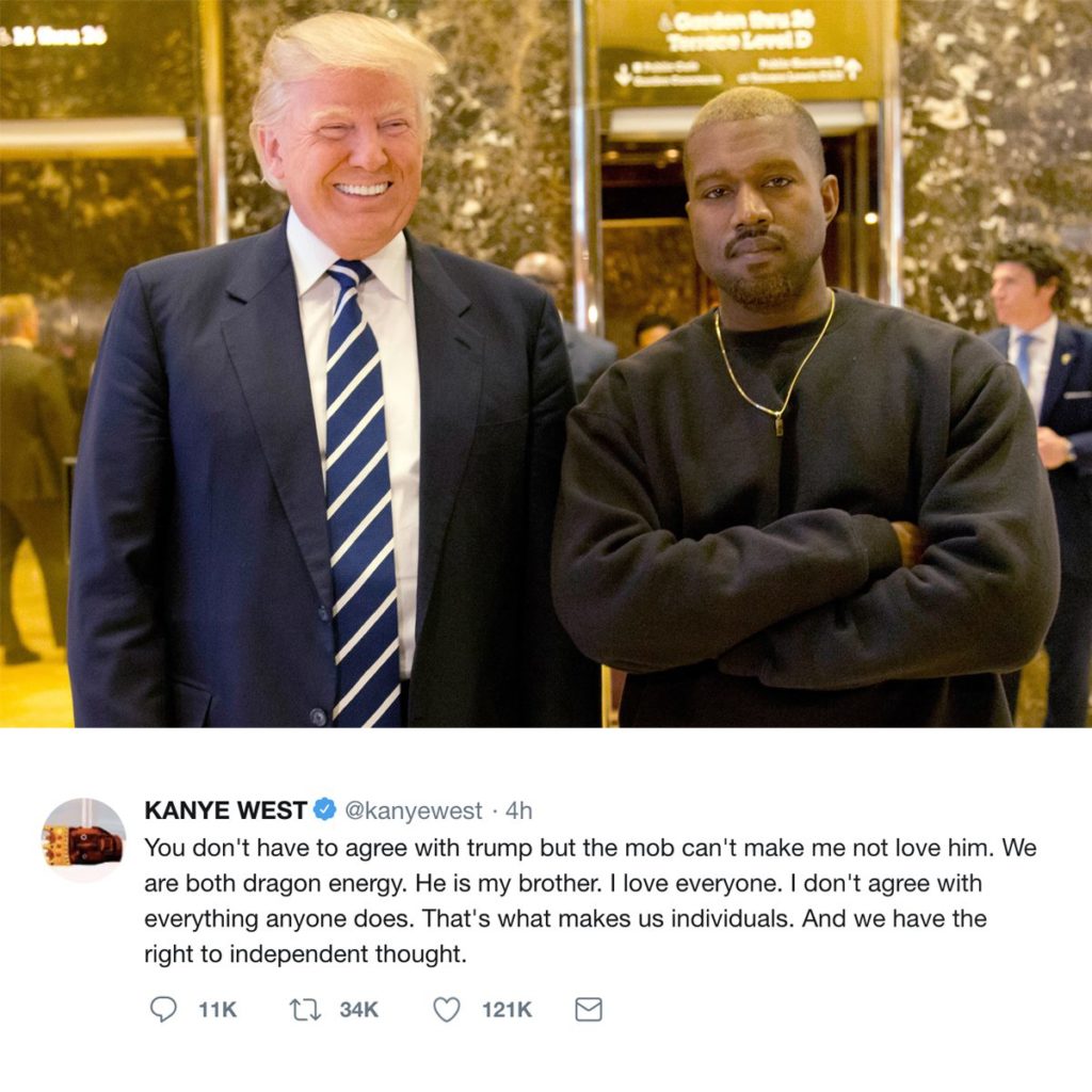 West tweeted a number of times Wednesday expressing his admiration for Trump, saying they share “dragon energy.” (Photo: Donald Trump/Facebook) 