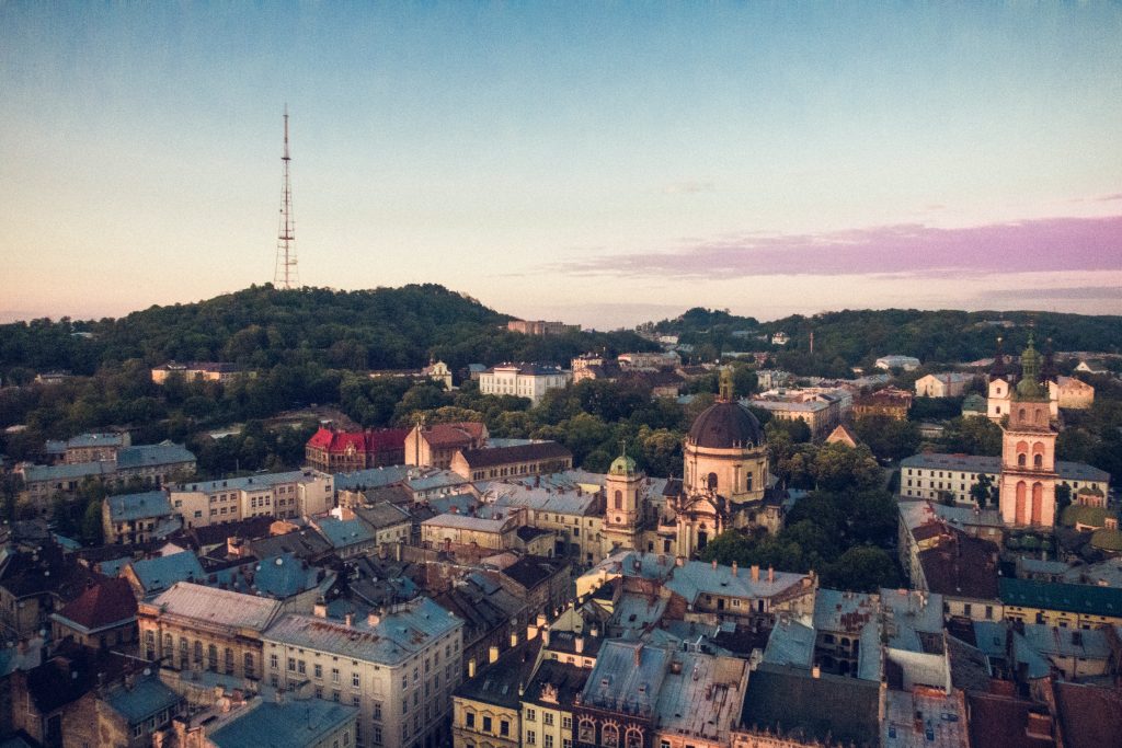 Aerial photography of buildings in Lviv, Ukraine