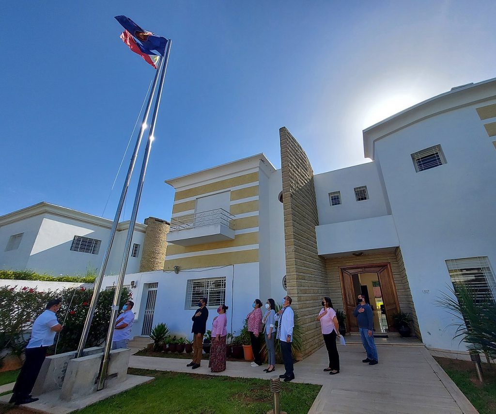 A flag-raising ceremony at the Embassy of the Philippines in Rabat, Morocco. 