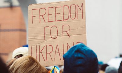 A placard that read "Freedom for Ukraine"