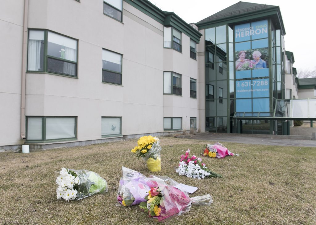 Flowers are shown outside Maison Herron, a long term care home in the Montreal suburb of Dorval