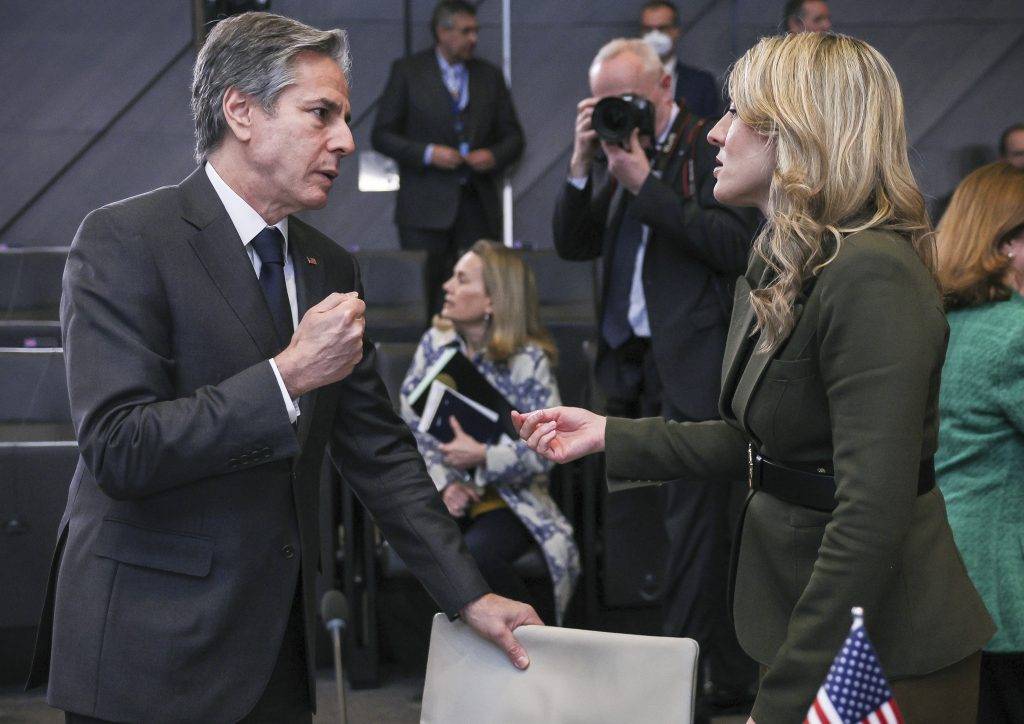 U.S. Secretary of State Antony Blinken and Canadian Foreign Minister Melaine Joly talk after a meeting 