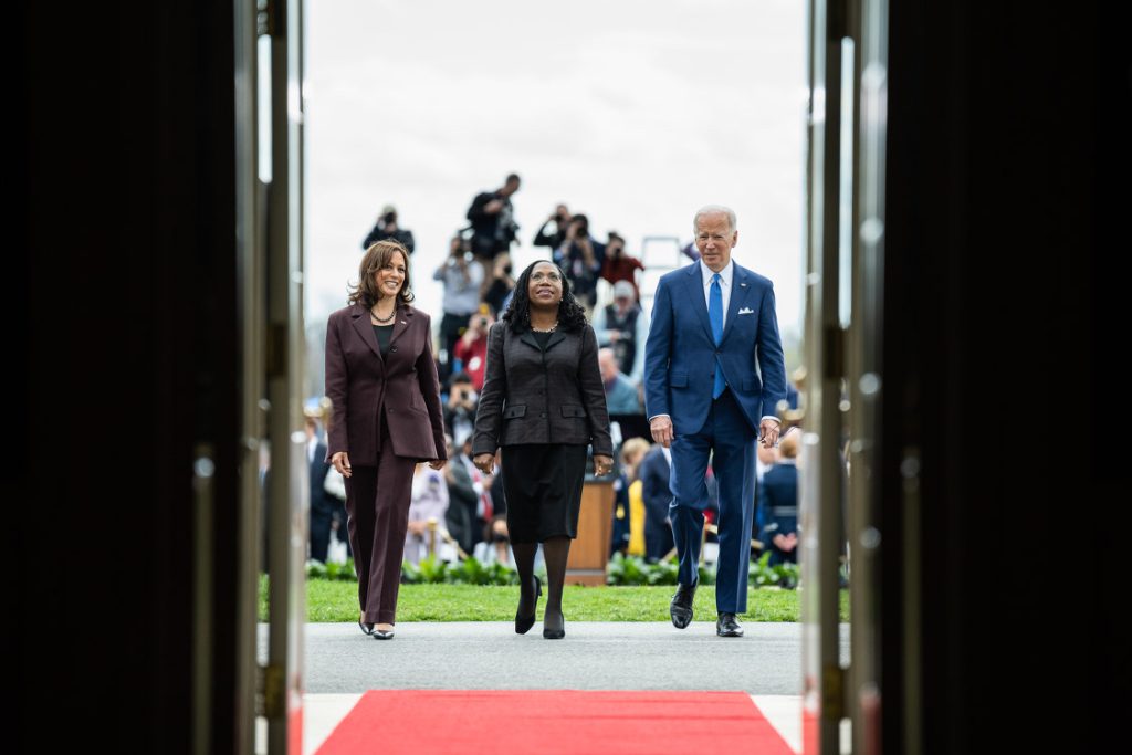 Kamala Harris, Ketanji Brown Jackson, and Joe Biden walking together