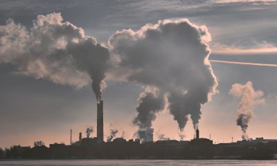 Silhouette of industrial building billowing smoke