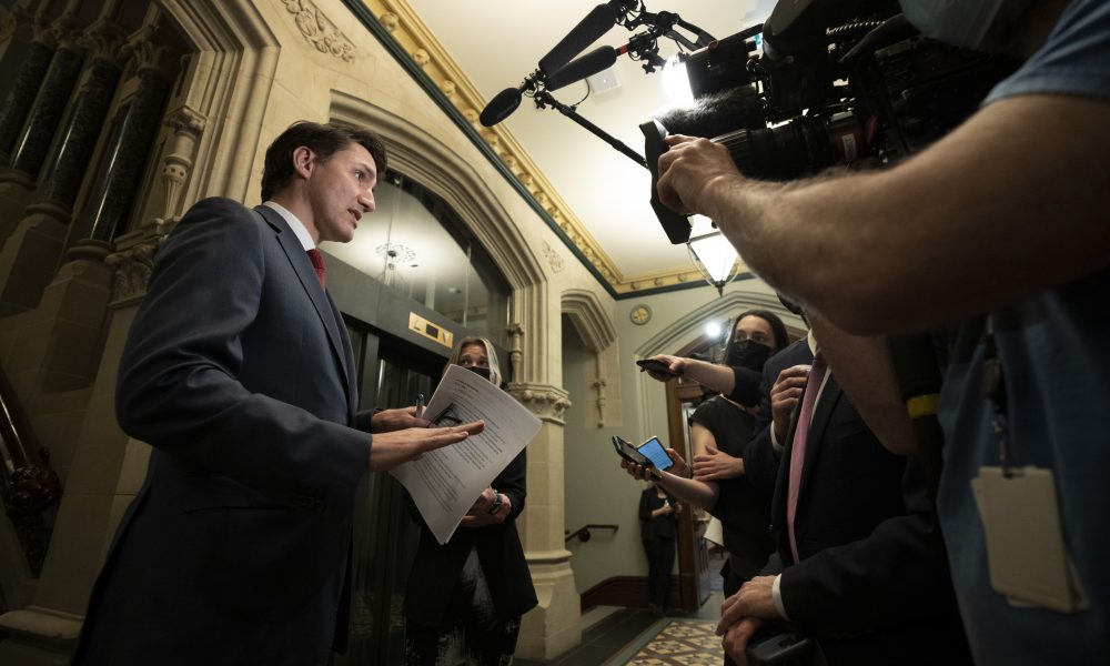 Prime Minister Justin Trudeau speaks with the media