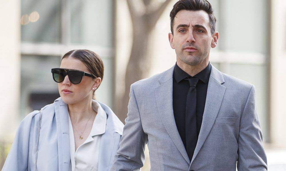 Canadian musician Jacob Hoggard arrives alongside his wife Rebekah Asselstine, for his sex assault trial