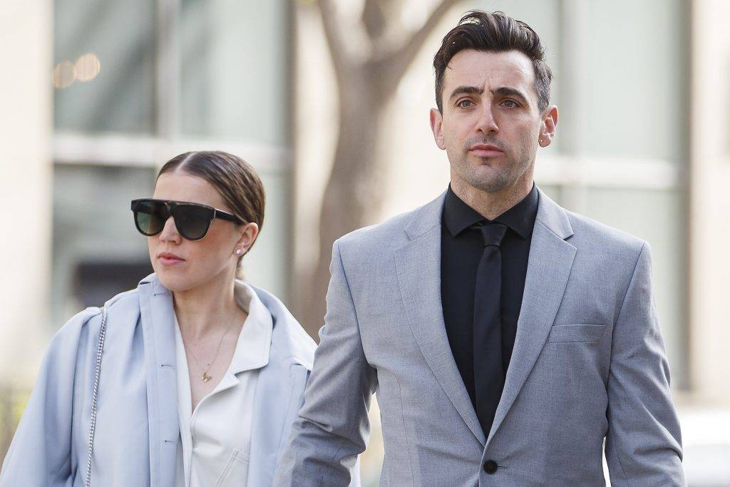 Canadian musician Jacob Hoggard arrives alongside his wife Rebekah Asselstine, for his sex assault trial