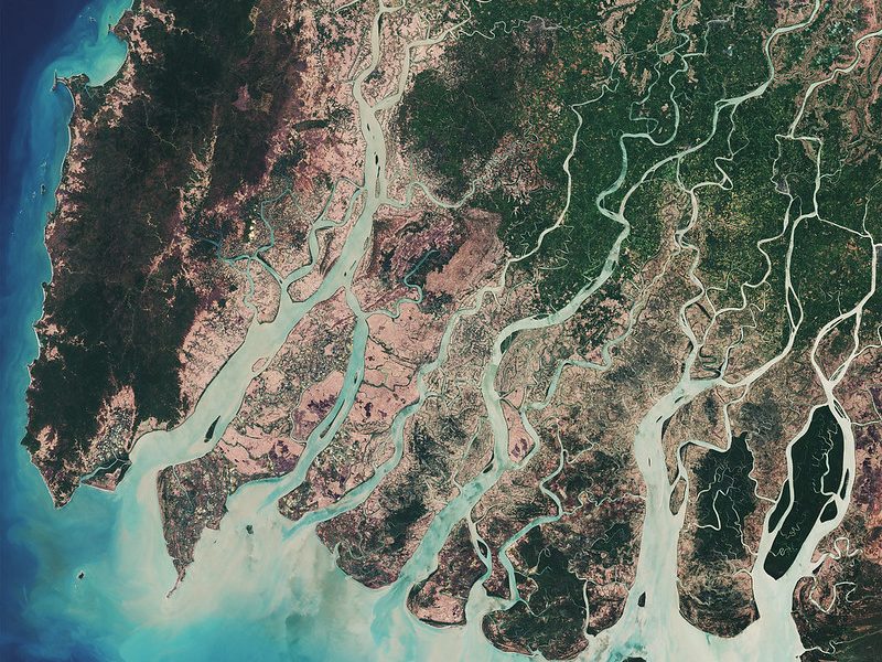 Satellite image of the Irrawaddy River delta in Myanmar