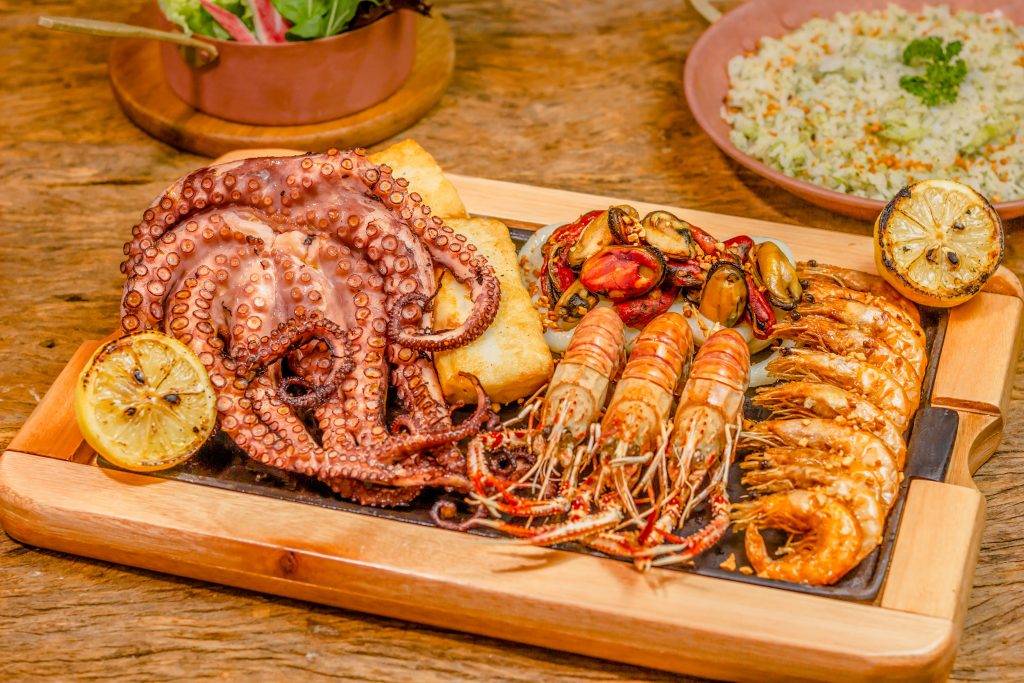 Seafood on wooden tray