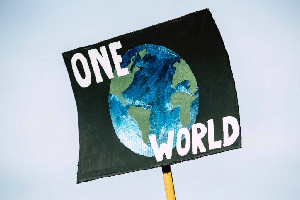 Placard with earth illustration read as "One world"