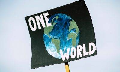 Placard with earth illustration read as "One world"