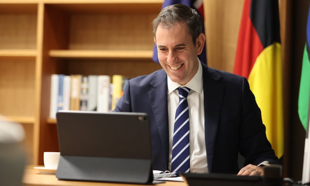 Jim Chalmers smiling on his tablet screen