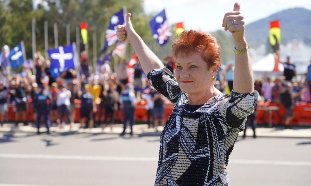 Pauline Hanson raising two thumbs ups
