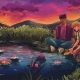 Illustration of two people by a pond