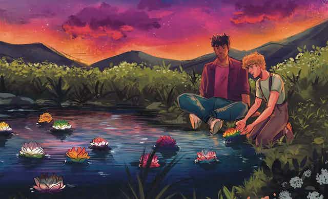 Illustration of two people by a pond