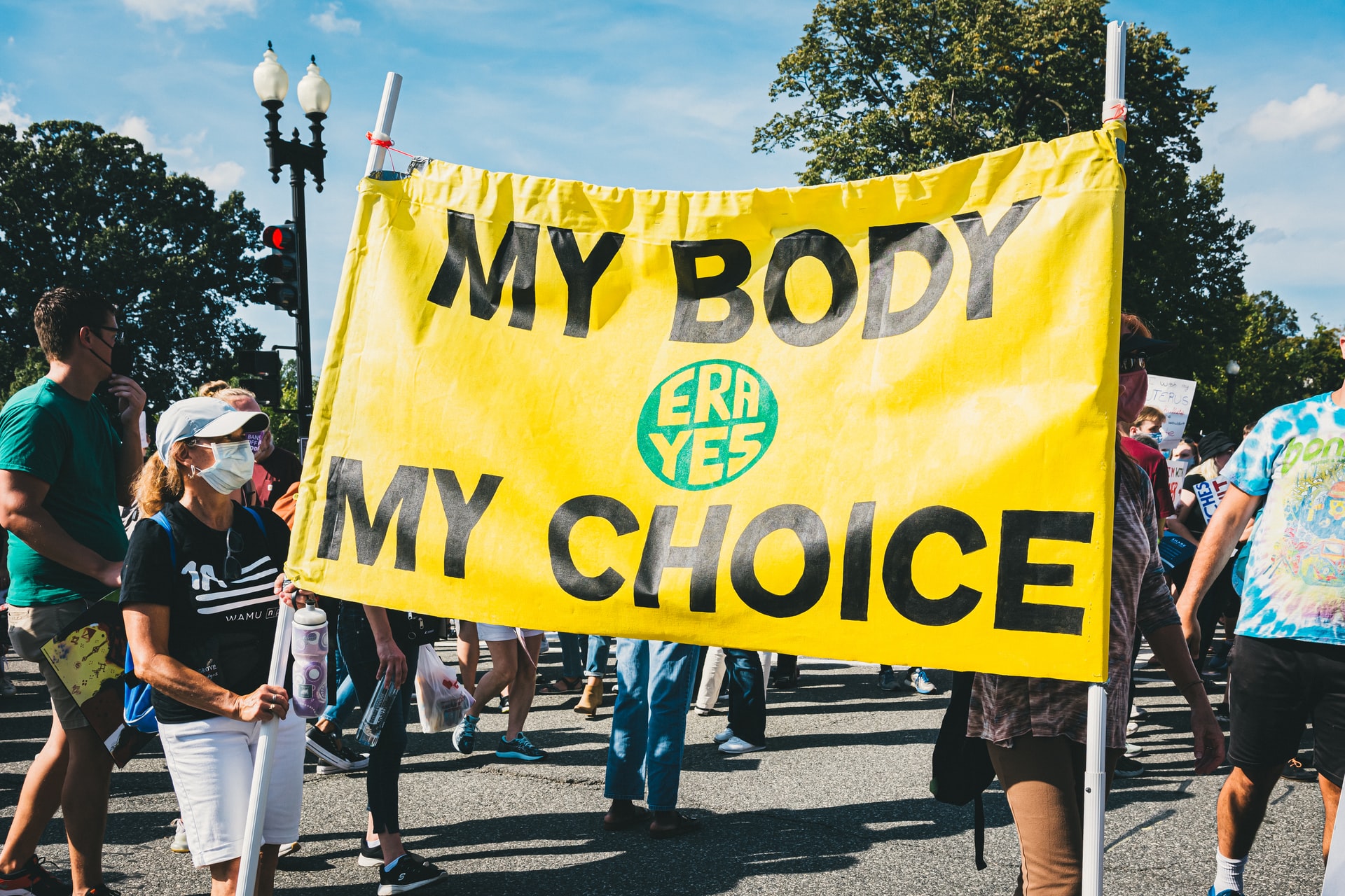 Protest sign read as "My body my choice"