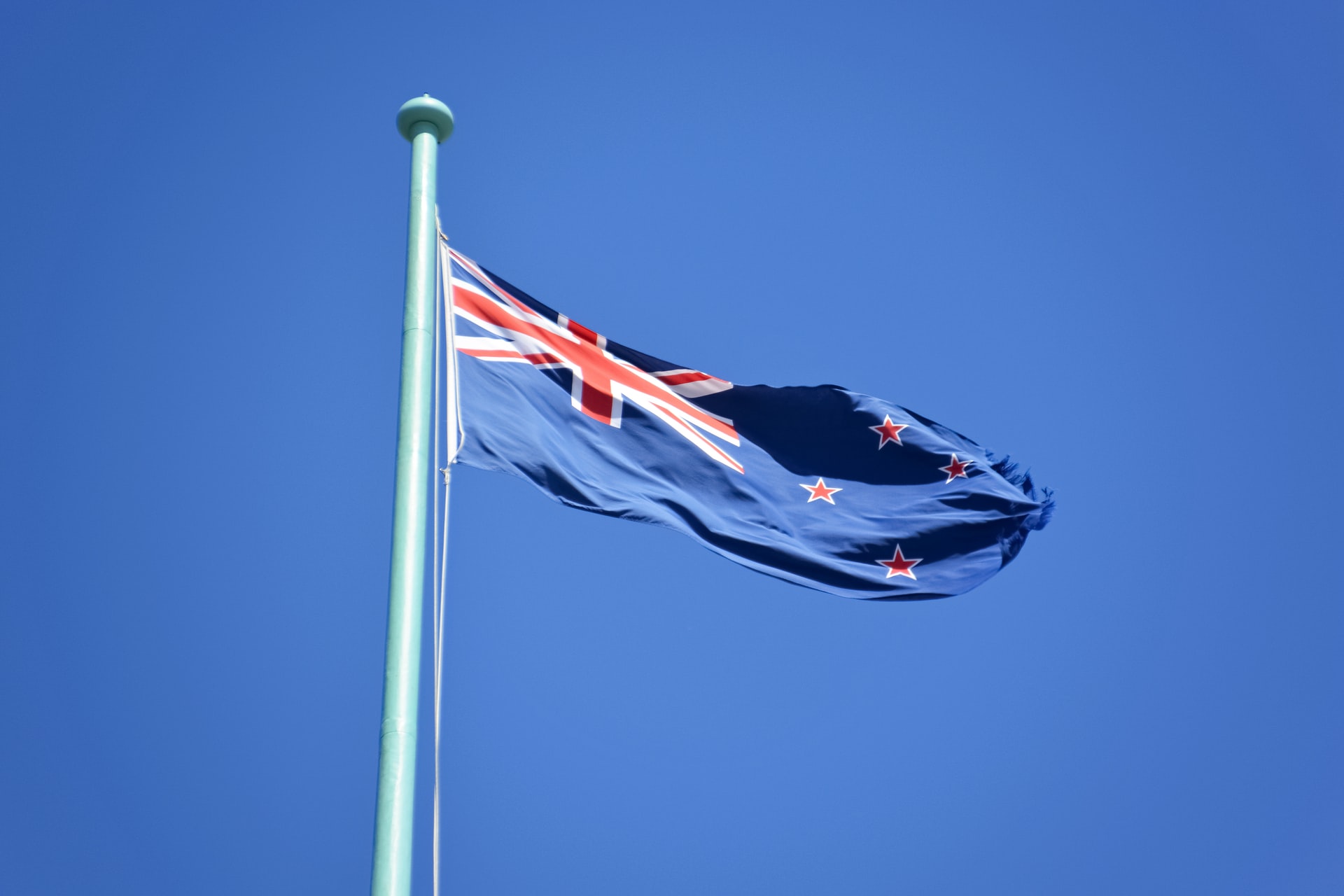 New Zealand flag with blue sky background