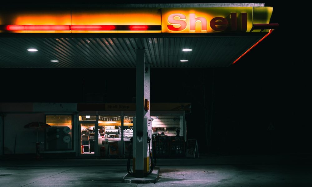 Shell gas station at night