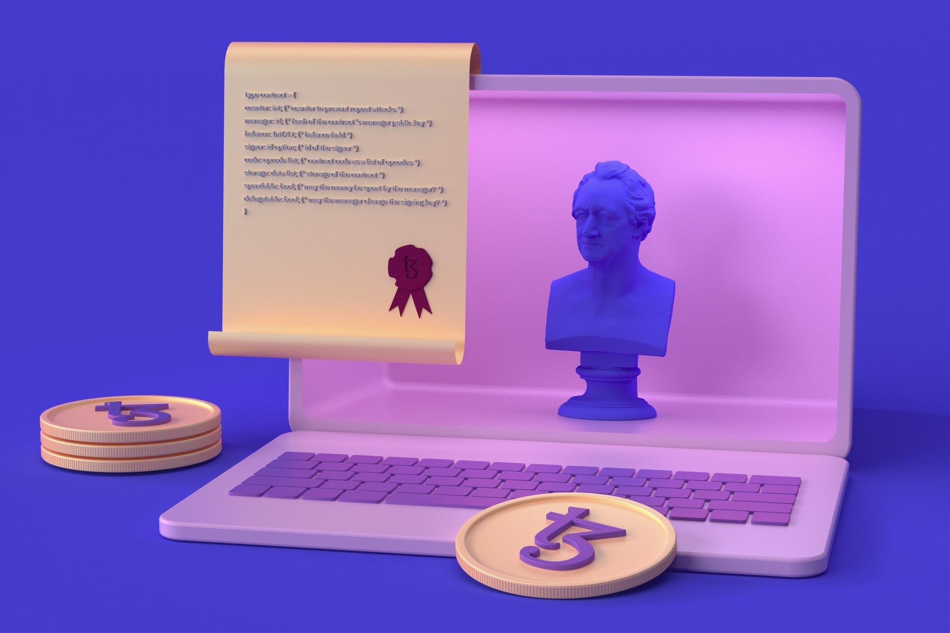 Bust sculpture flashed on laptop with currency