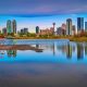 Panoramic long exposure of the Bow river and downtown Calgary in the summer.