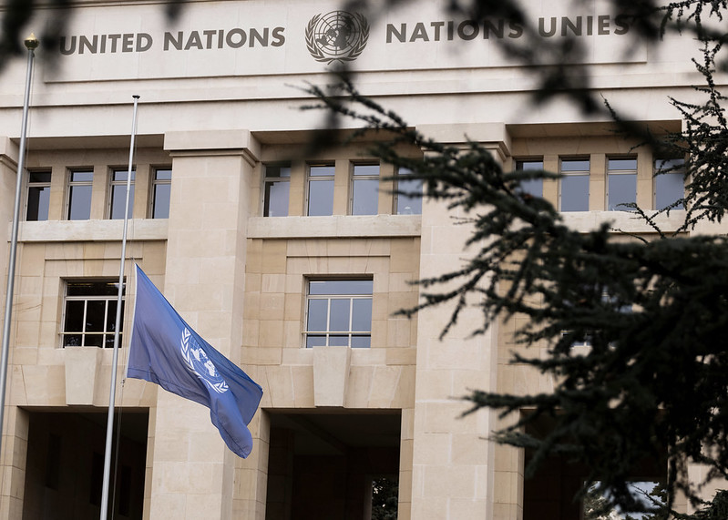 flag of United Nations lowered on a pole